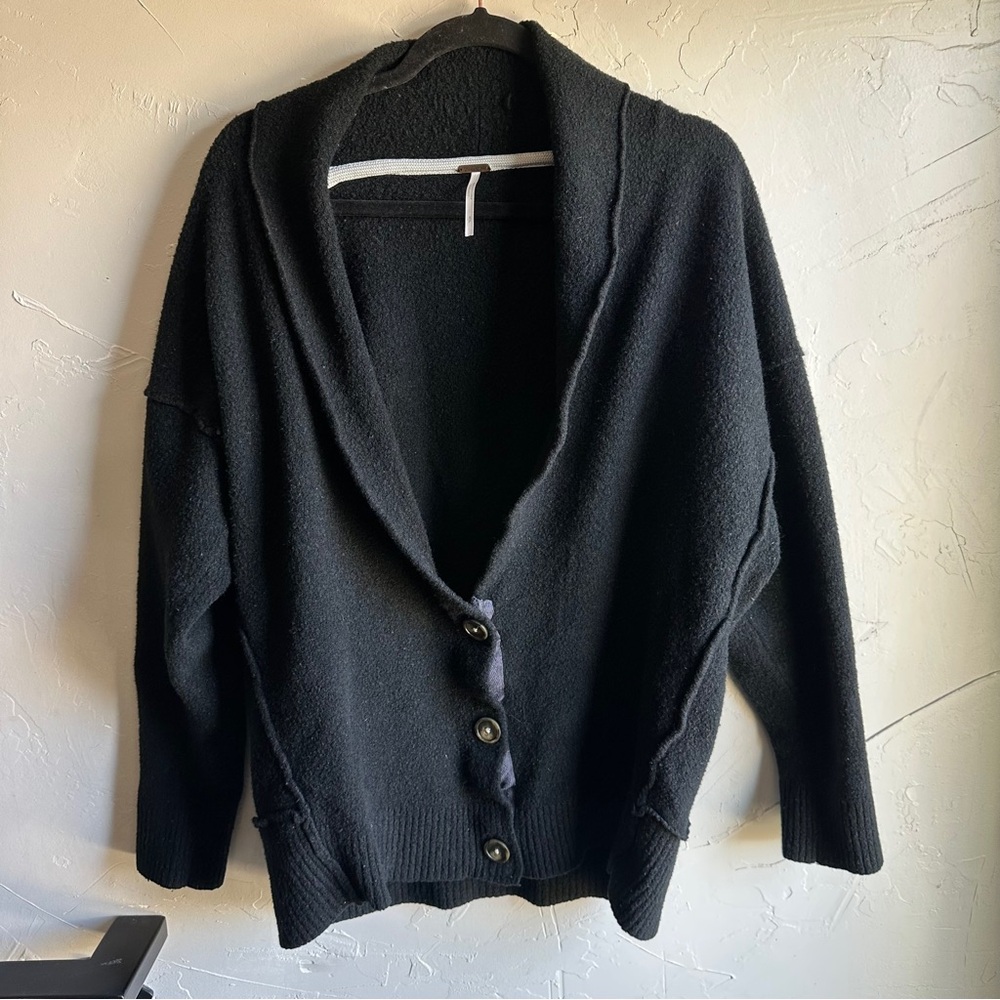 Free People Black Button-Front Shawl Collar Cardigan